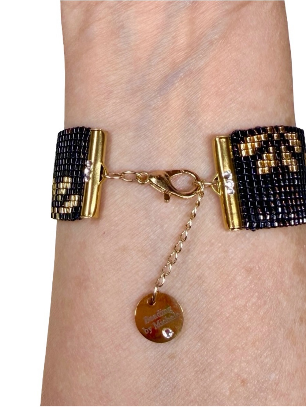 Black & Gold Art Deco Beaded Cuff Bracelet - Picture 4 of 7